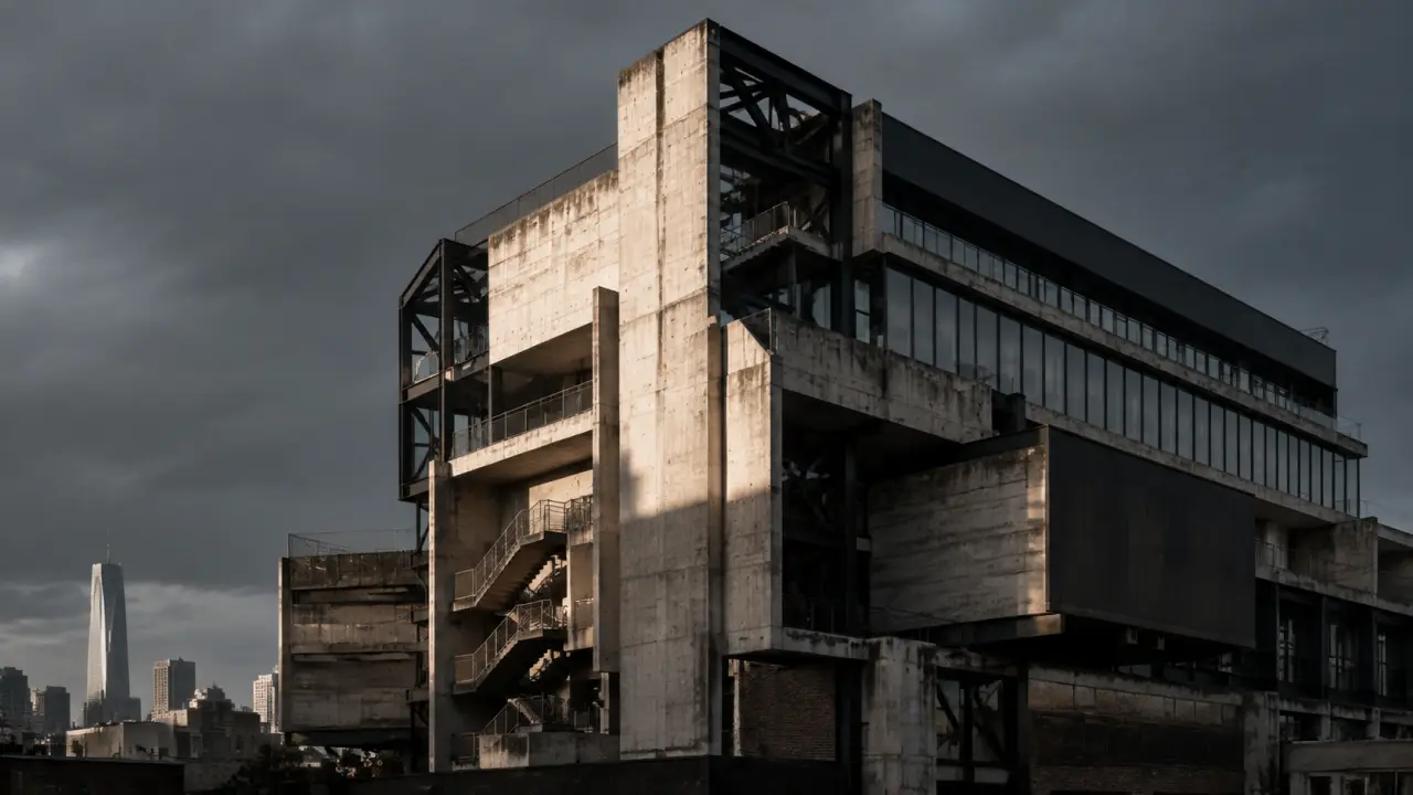 Bâtiment en béton brut en contre-plongée, contraste fort, esthétique néo-brutaliste