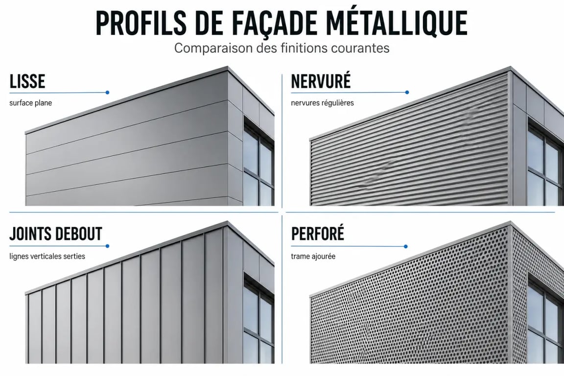 Façade métallique : comparaison visuelle des profils lisse, nervuré, joints debout et perforé