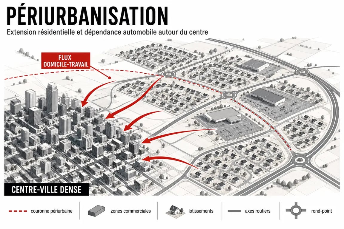 Schéma de la périurbanisation montrant la couronne périurbaine et les flux domicile-travail