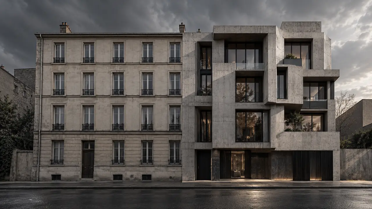 Transformation d'une façade ordinaire en façade néo-brutaliste en béton et acier