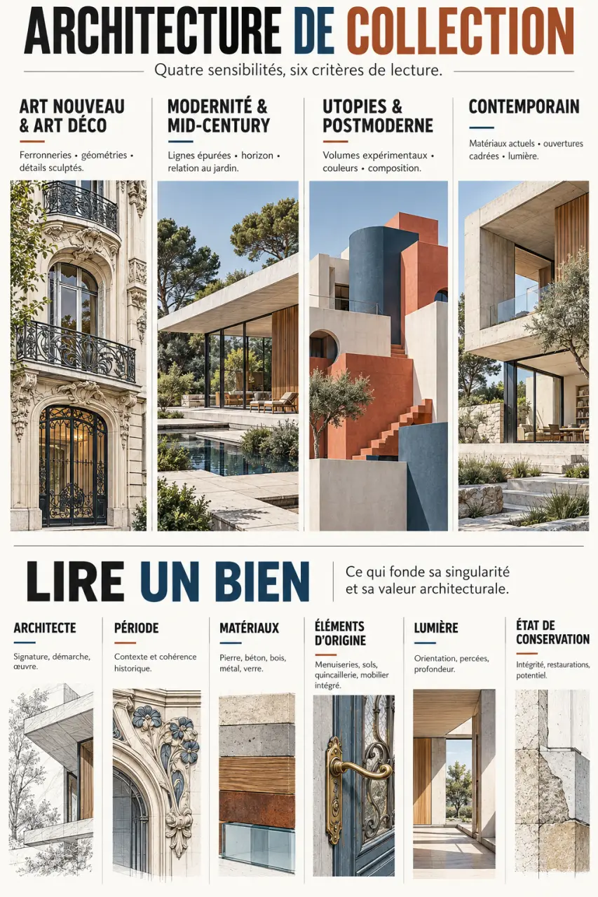 Infographie sur l’architecture de collection et les styles Art déco, moderniste et contemporain