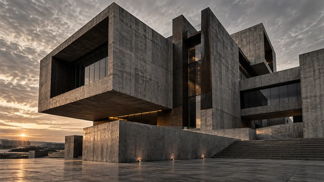 Bâtiment contemporain en béton brut vu en contre-plongée