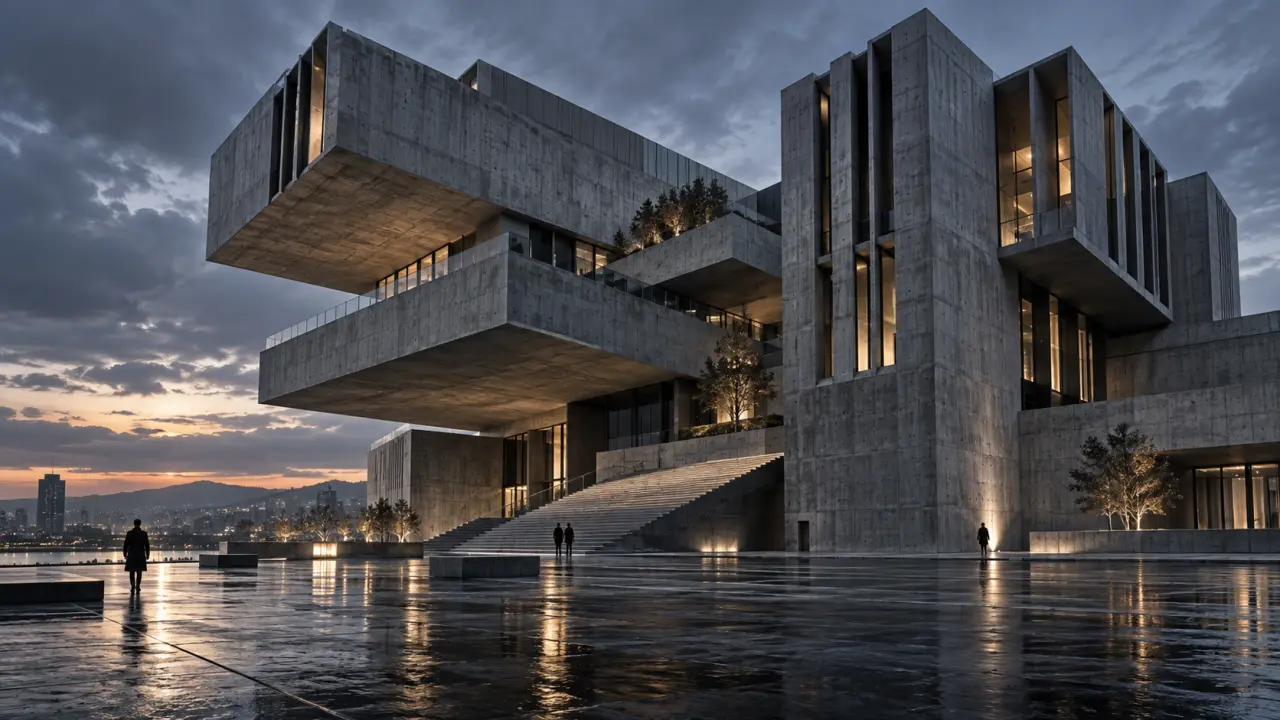 Architecture néo-brutaliste en béton brut, vue en contre-plongée