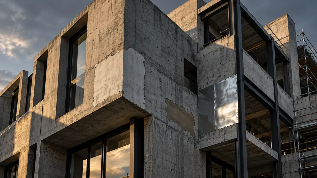 Bâtiment réhabilité en béton brut et acier dans une esthétique néo-brutaliste