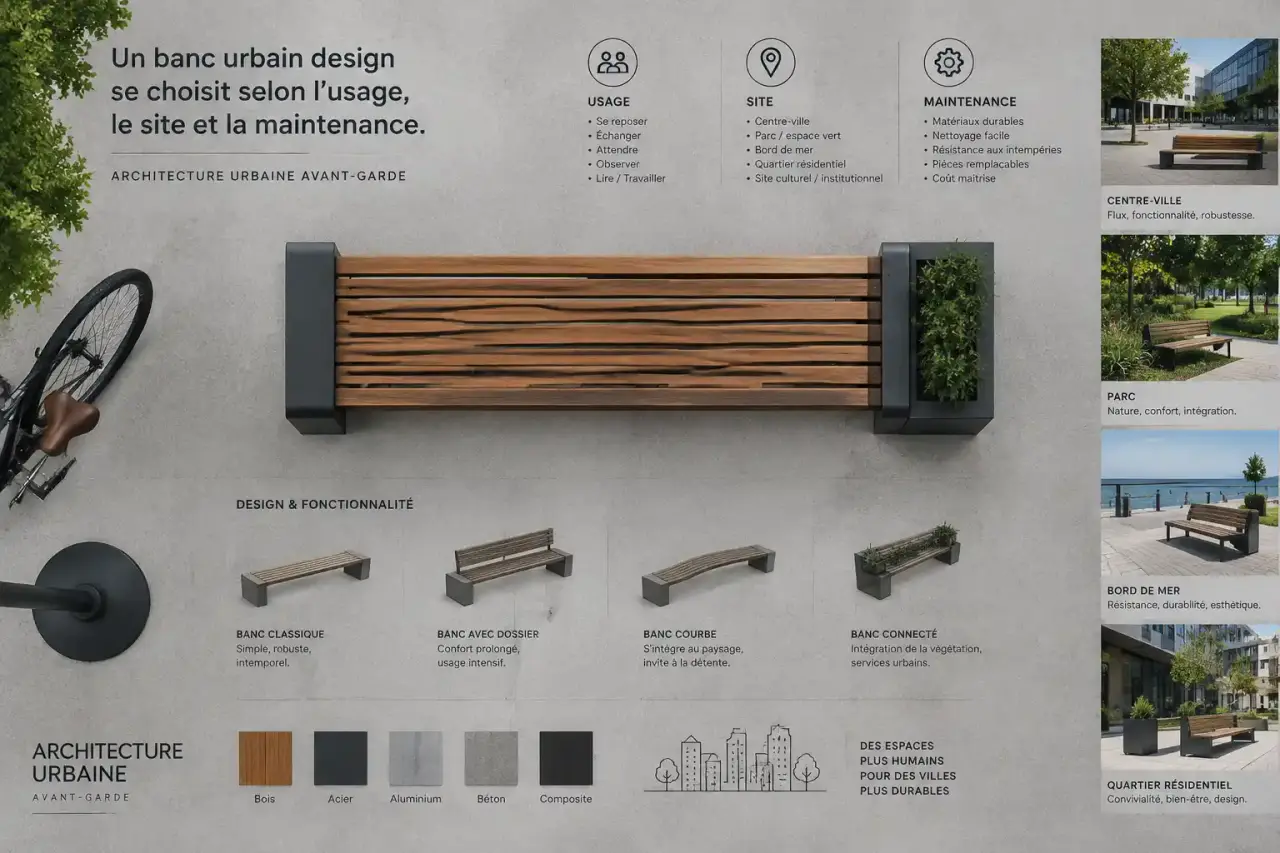 Un banc urbain design se choisit selon l’usage, le site et la maintenance