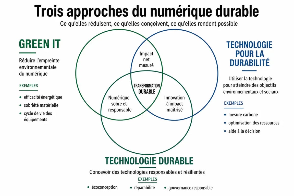 Comparatif visuel entre Green IT, Sustainable Tech et Tech for Sustainability.