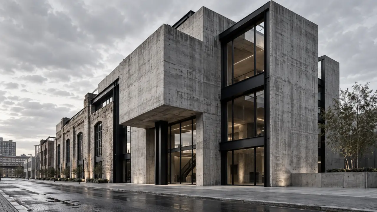 Bâtiment en béton brut réhabilité dans un langage néo-brutaliste