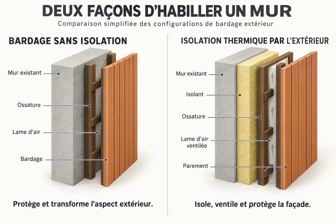 Infographie sur le bardage extérieur décoratif et le bardage avec isolation thermique par l’extérieur