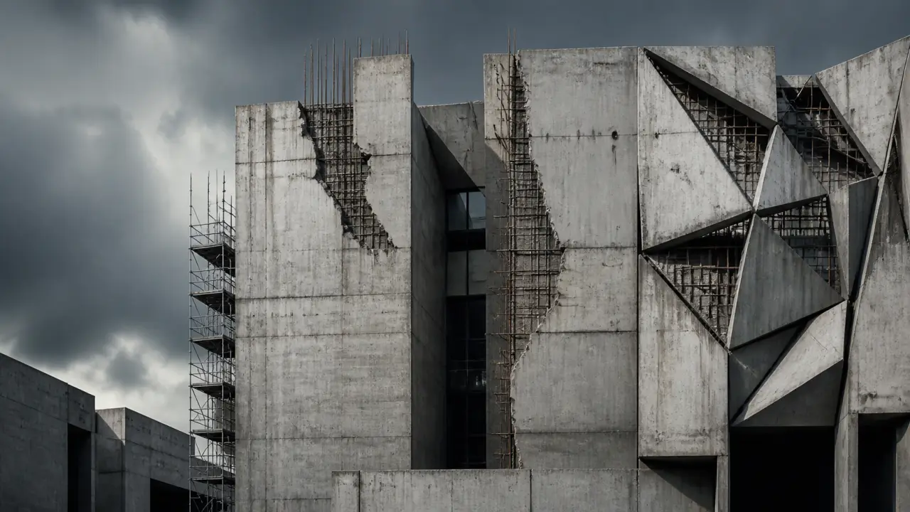 Photographie architecturale noir et blanc d'un bâtiment en béton brut, contre-plongée extrême, formes géométriques jaune néon