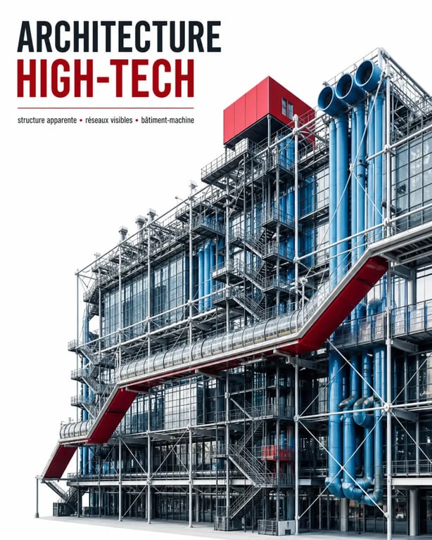 Architecture high tech : façade emblématique avec structure métallique apparente et réseaux techniques visibles