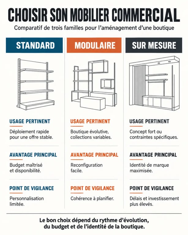 Infographie de choix du mobilier pour un aménageur boutique : standard, modulaire ou sur mesure