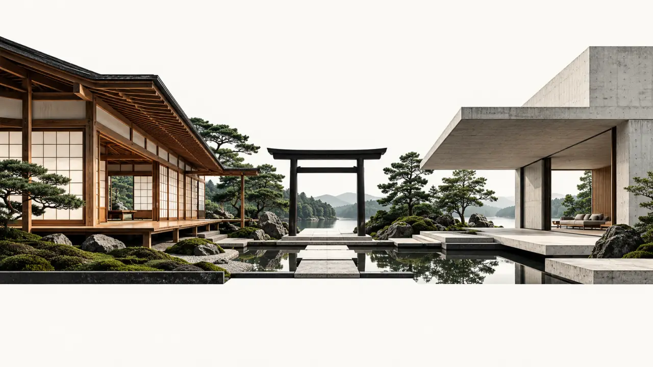 Illustration éditoriale de l’architecture japon entre maison traditionnelle, sanctuaire et bâtiment contemporain