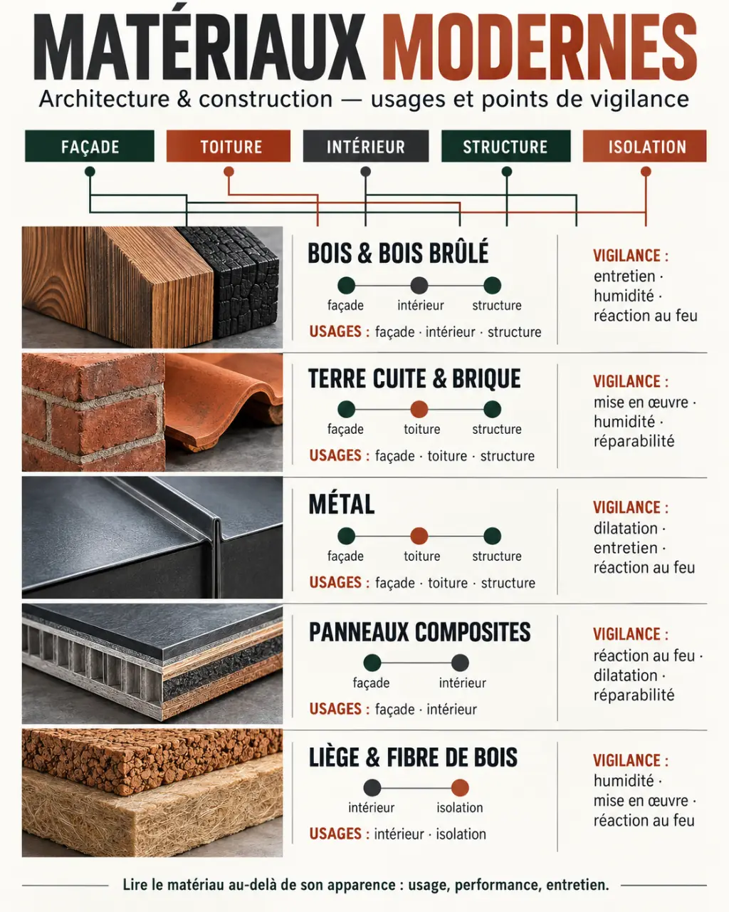 Infographie sur les familles de matériau moderne pour façade, intérieur, toiture et isolation