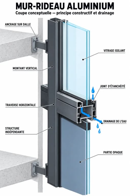 Schéma simplifié de la composition d’un mur rideau aluminium avec montants, traverses, vitrage et drainage