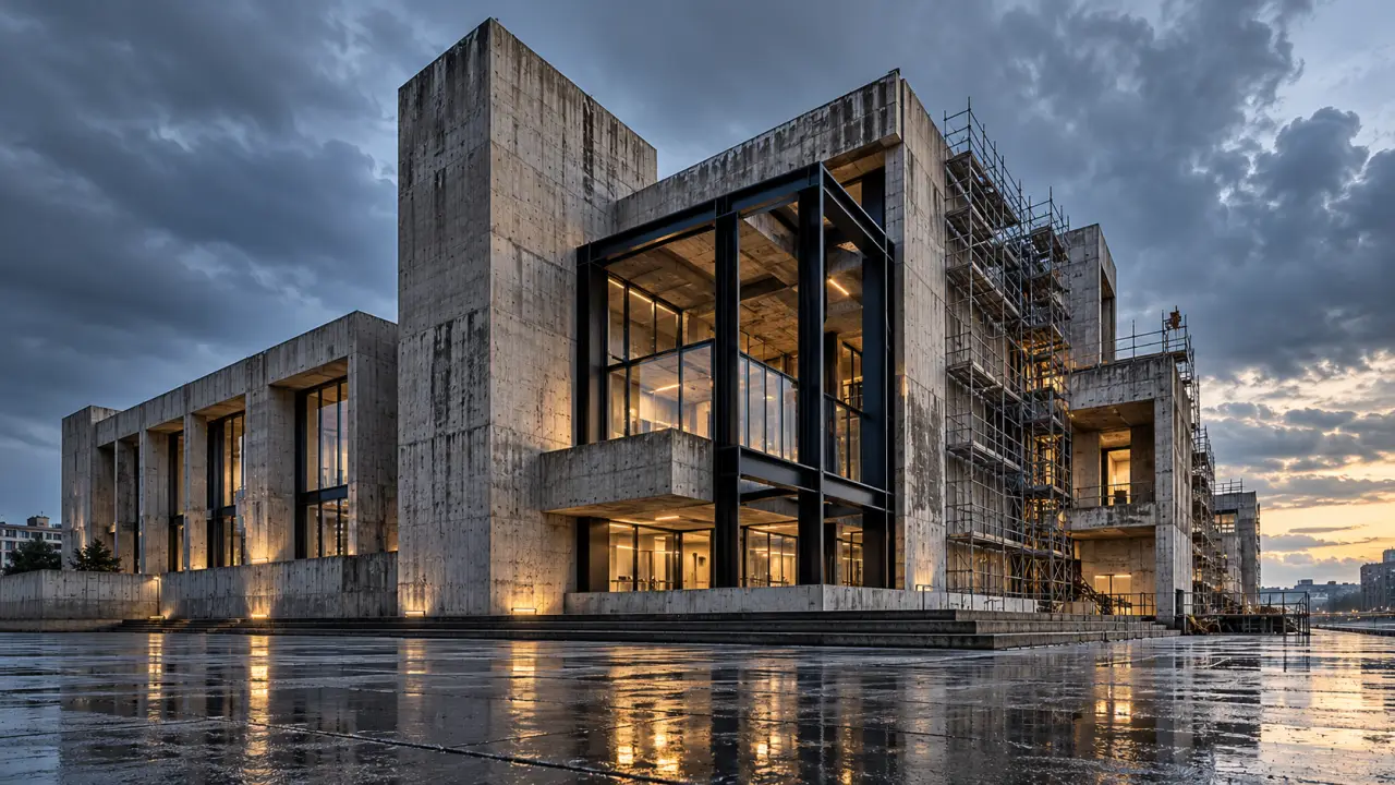 Bâtiment réhabilité en béton brut et acier dans une esthétique néo-brutaliste