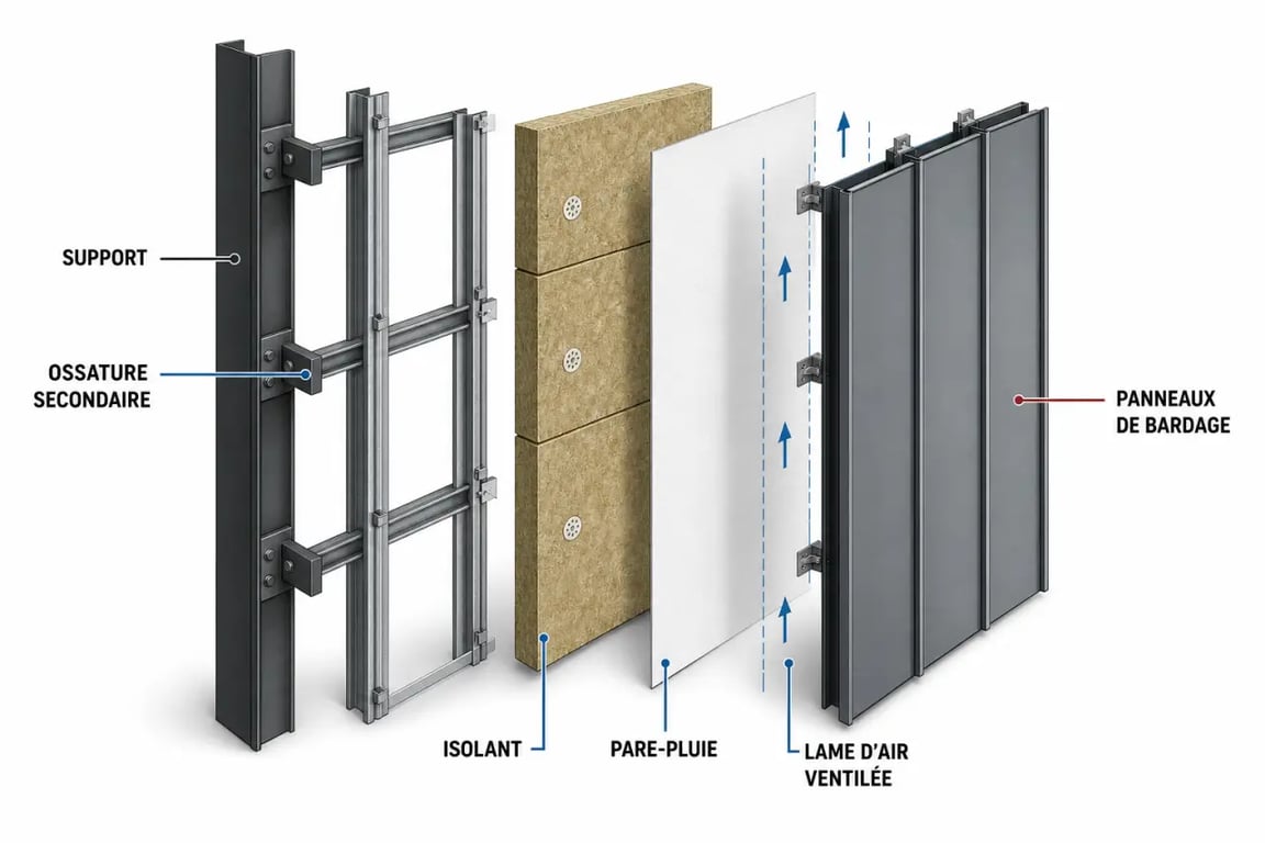 Façade métallique en coupe montrant l’ossature, l’isolant et la lame d’air ventilée