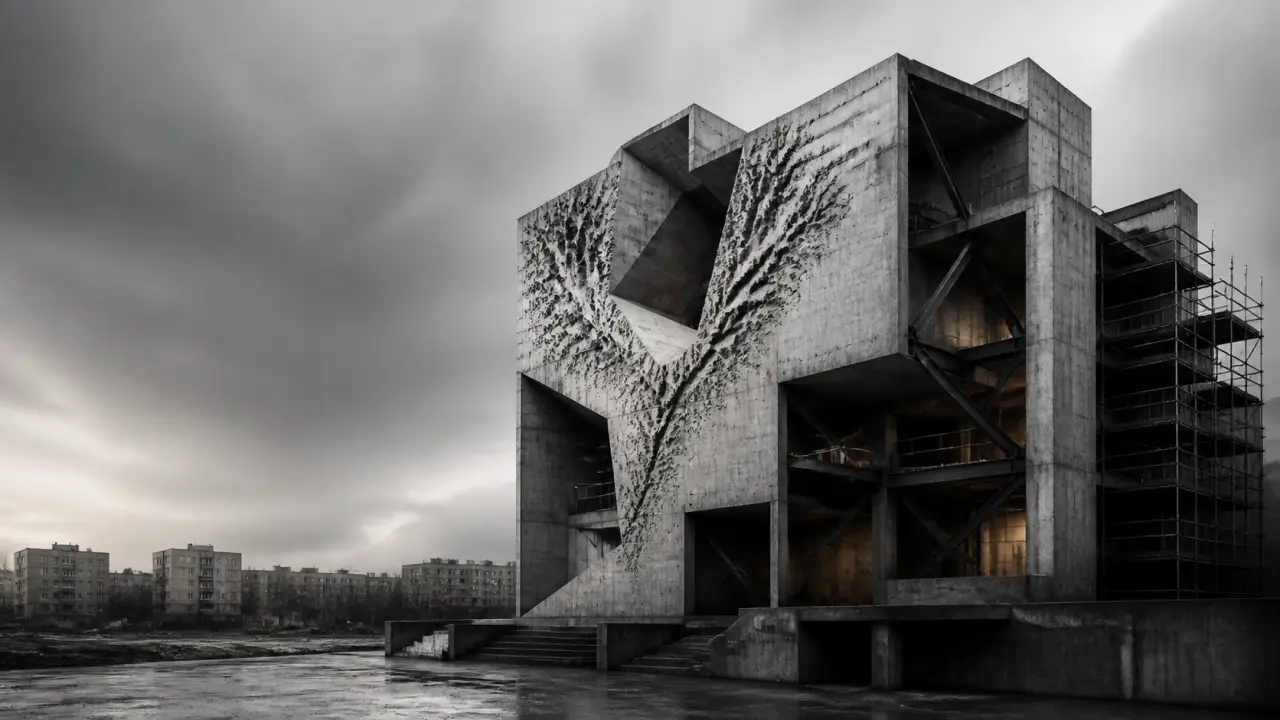 Bâtiment en béton brut en contre-plongée, esthétique néo-brutaliste