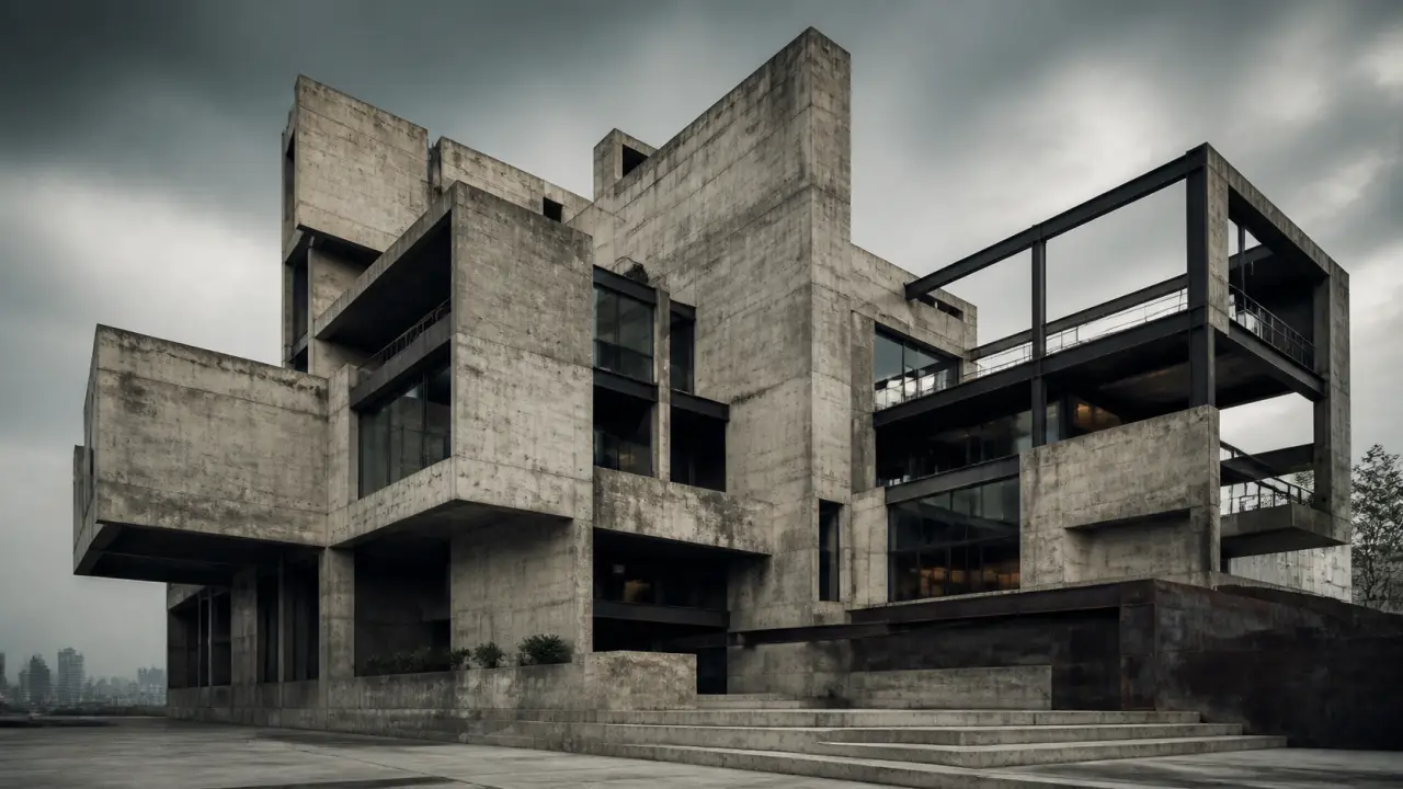 Bâtiment en béton brut en contre-plongée, contraste noir et blanc et accents géométriques jaune néon