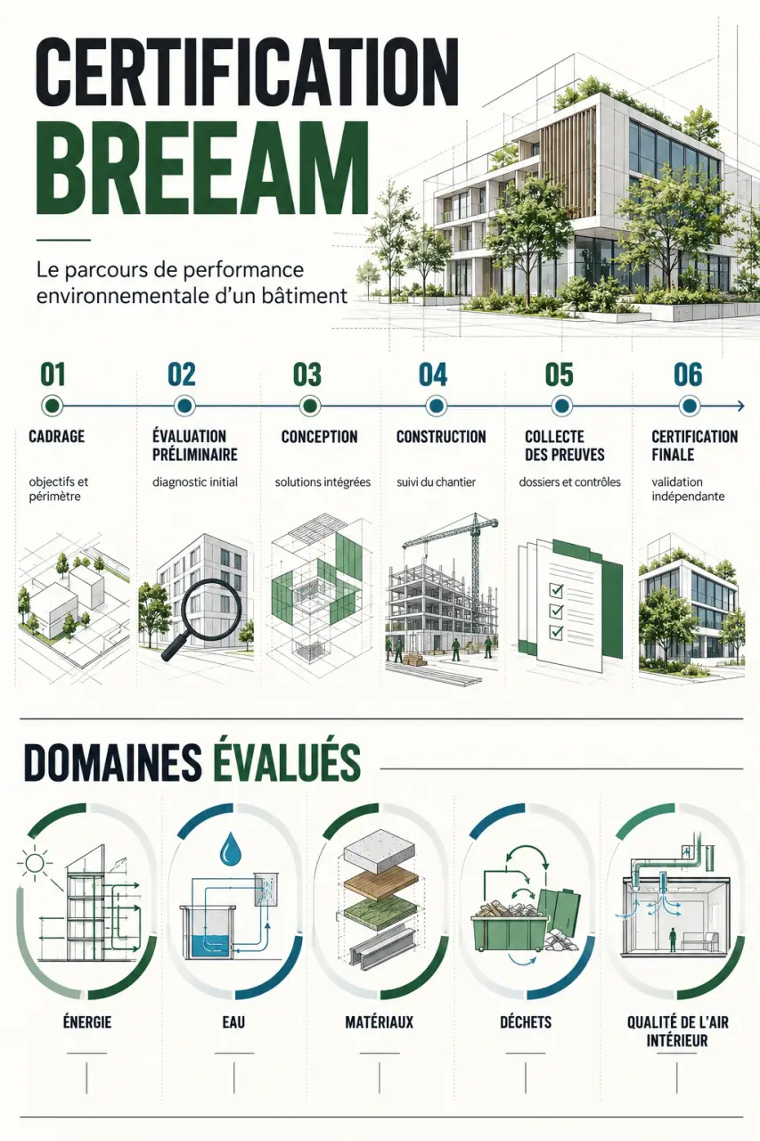 Infographie du parcours et des critères de la certification BREEAM