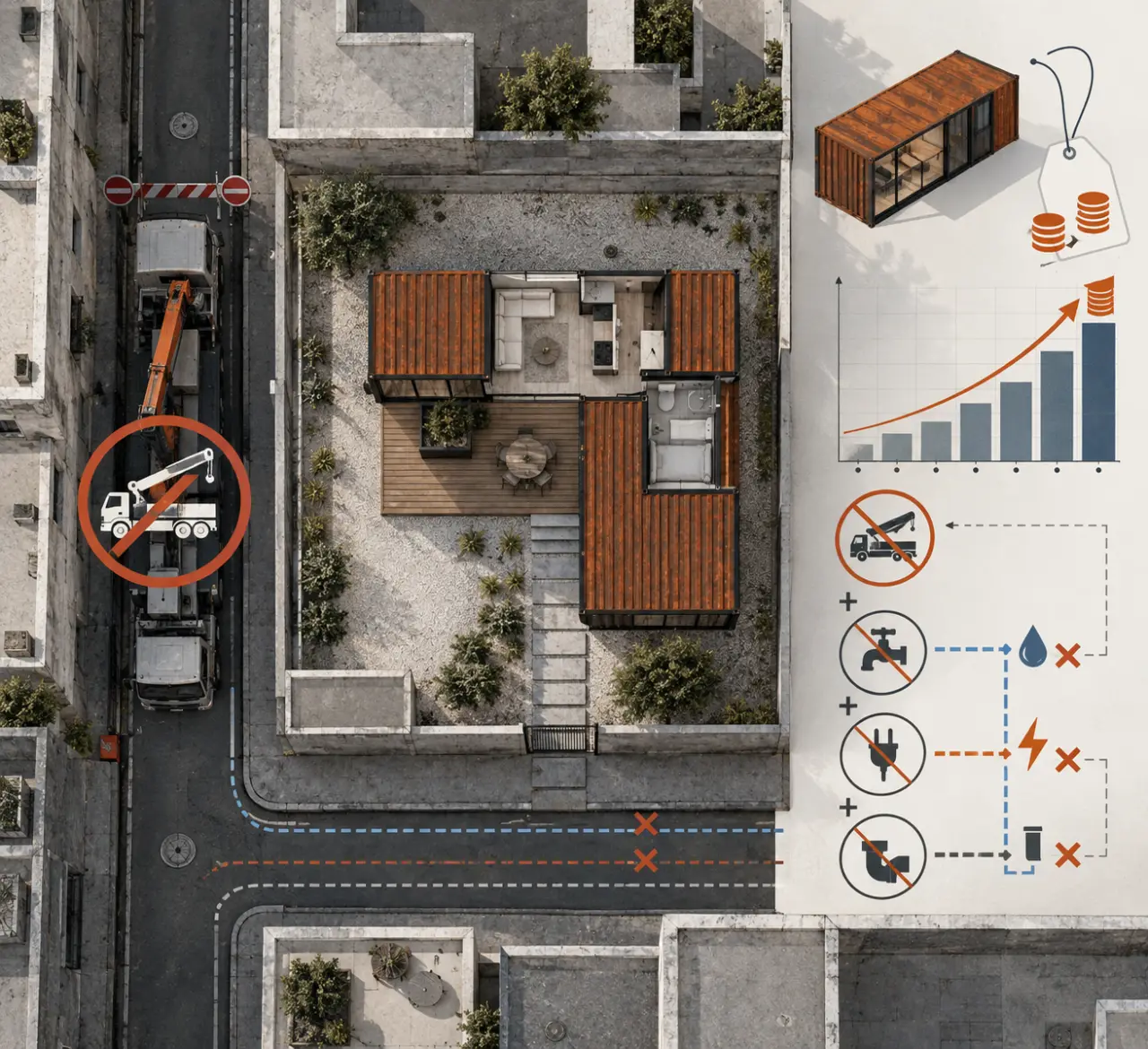 Logement container : un prix attractif qui grimpe sans accès camion-grue ni VRD