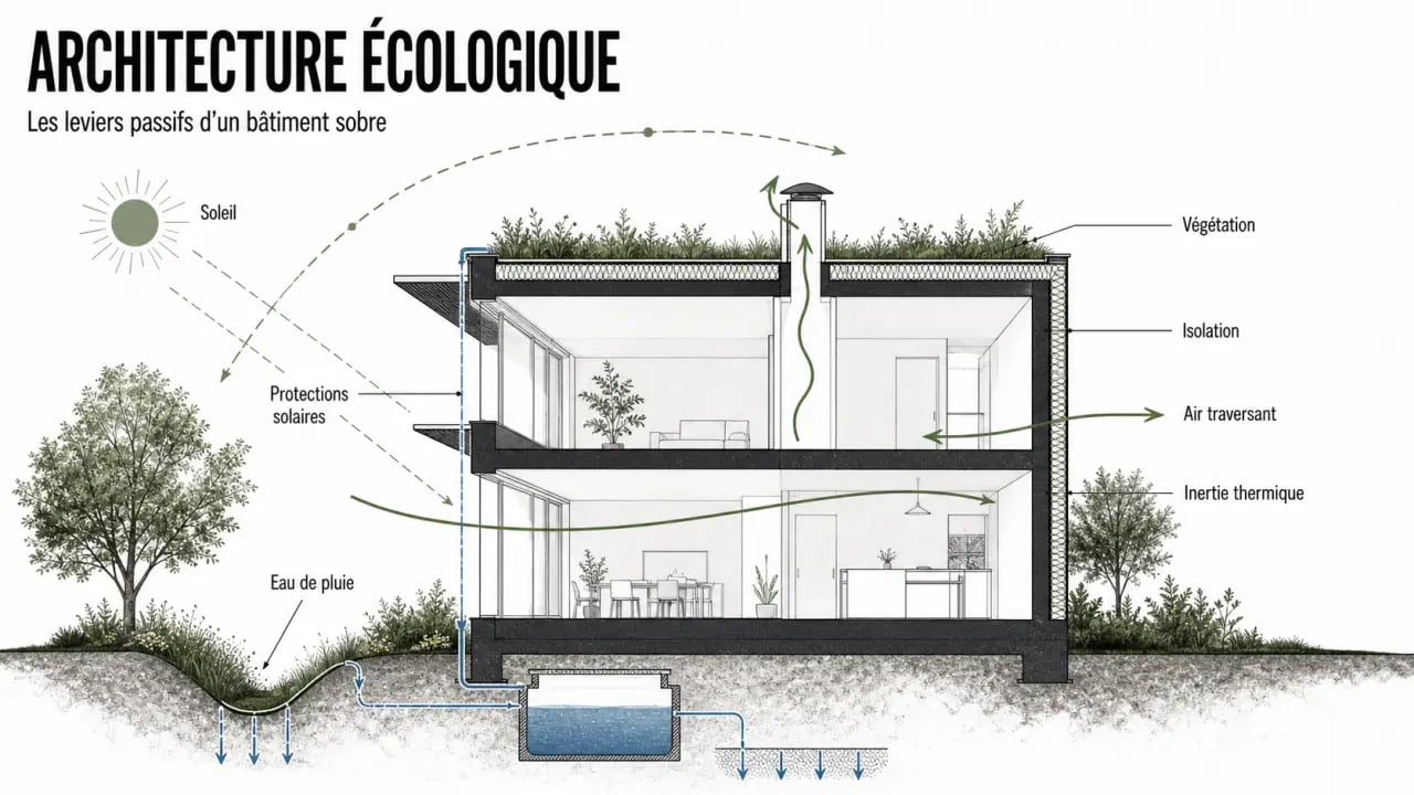 écologie architecture : schéma conceptuel d’un bâtiment bioclimatique avec orientation, isolation, ventilation et protections solaires