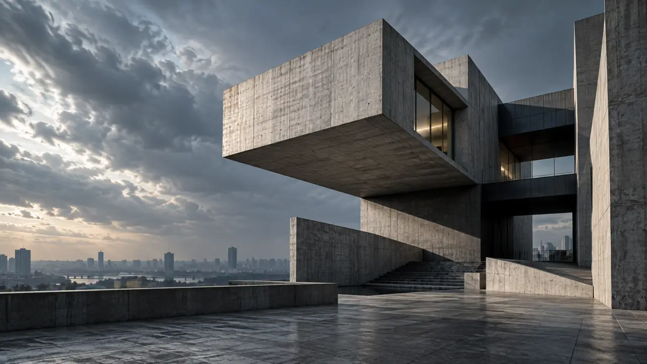 Bâtiment néo-brutaliste en béton brut, cadré en contre-plongée avec des formes jaune acide