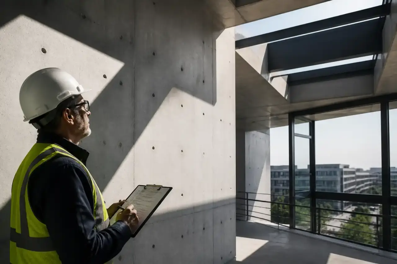 Photographie architecturale noir et blanc d’un bâtiment en béton brut, en contre-plongée extrême, avec des formes géométriques jaune néon superposées