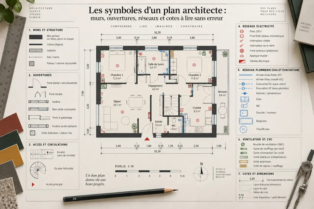Les symboles d’un plan architecte : murs, ouvertures, réseaux et cotes à lire sans erreur