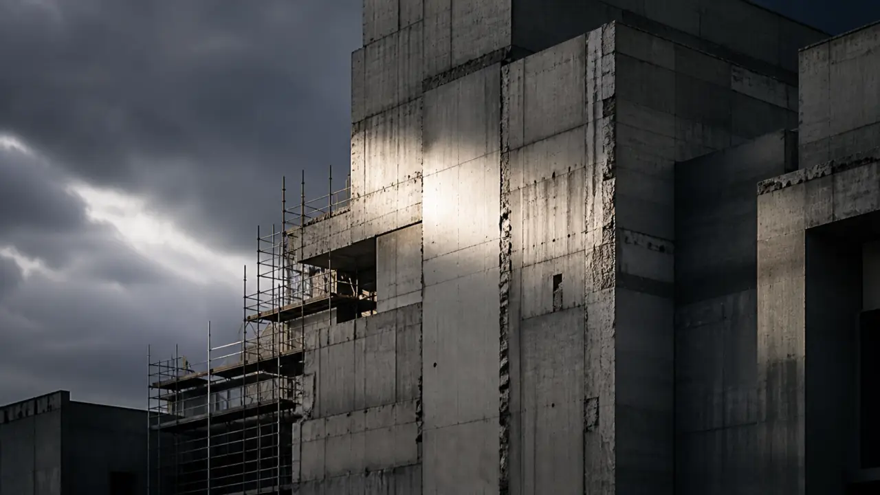 Façade en béton brut réhabilitée avec fort contraste graphique