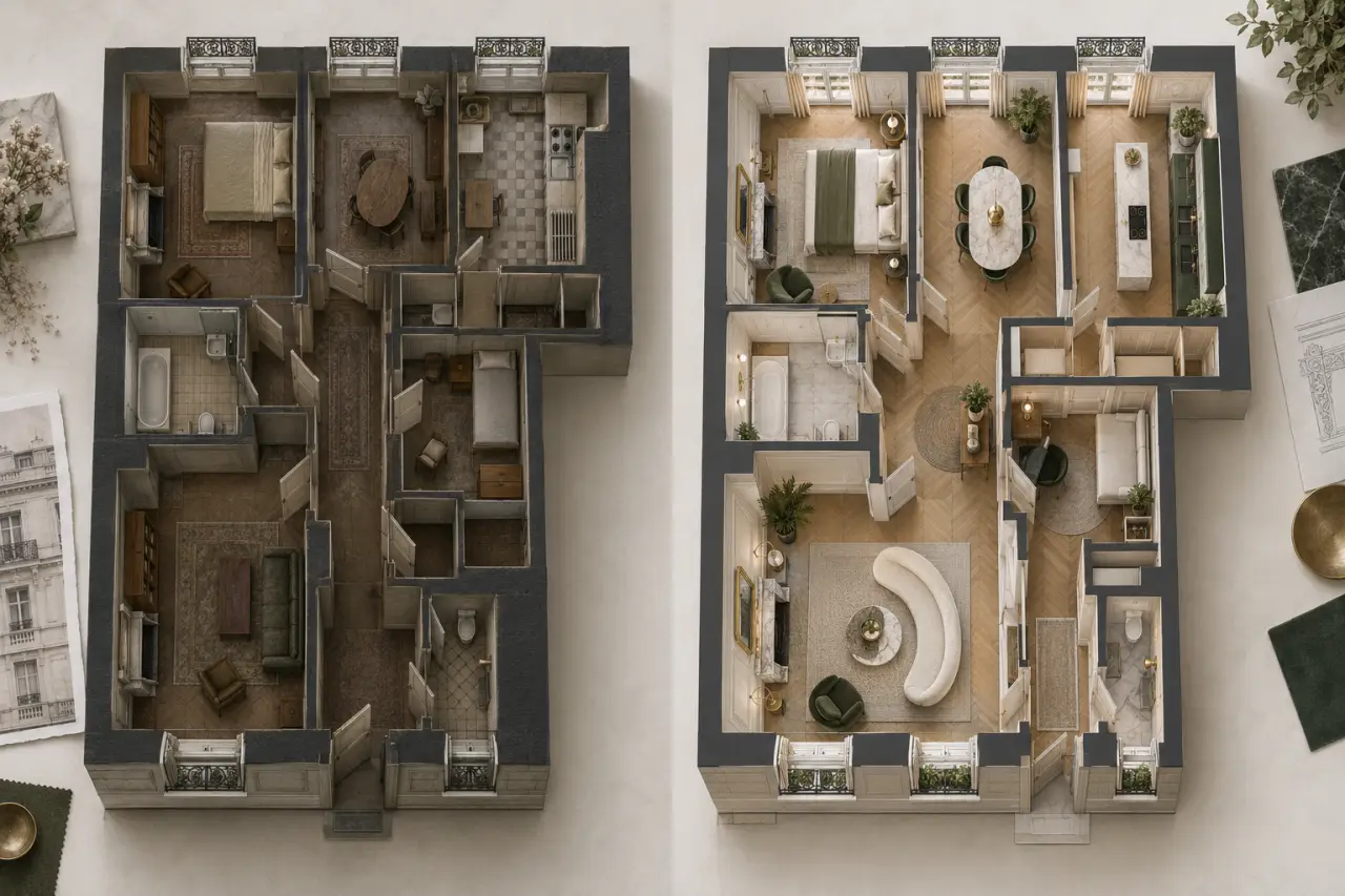 Rénovation d’appartement haussmannien avant/après : révéler le cachet sans figer l’espace