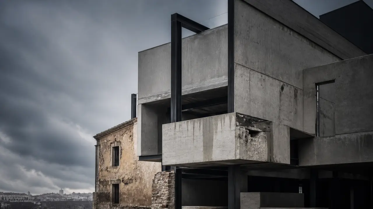 Bâtiment néo-brutaliste en béton brut, contre-plongée dramatique, contraste noir et blanc
