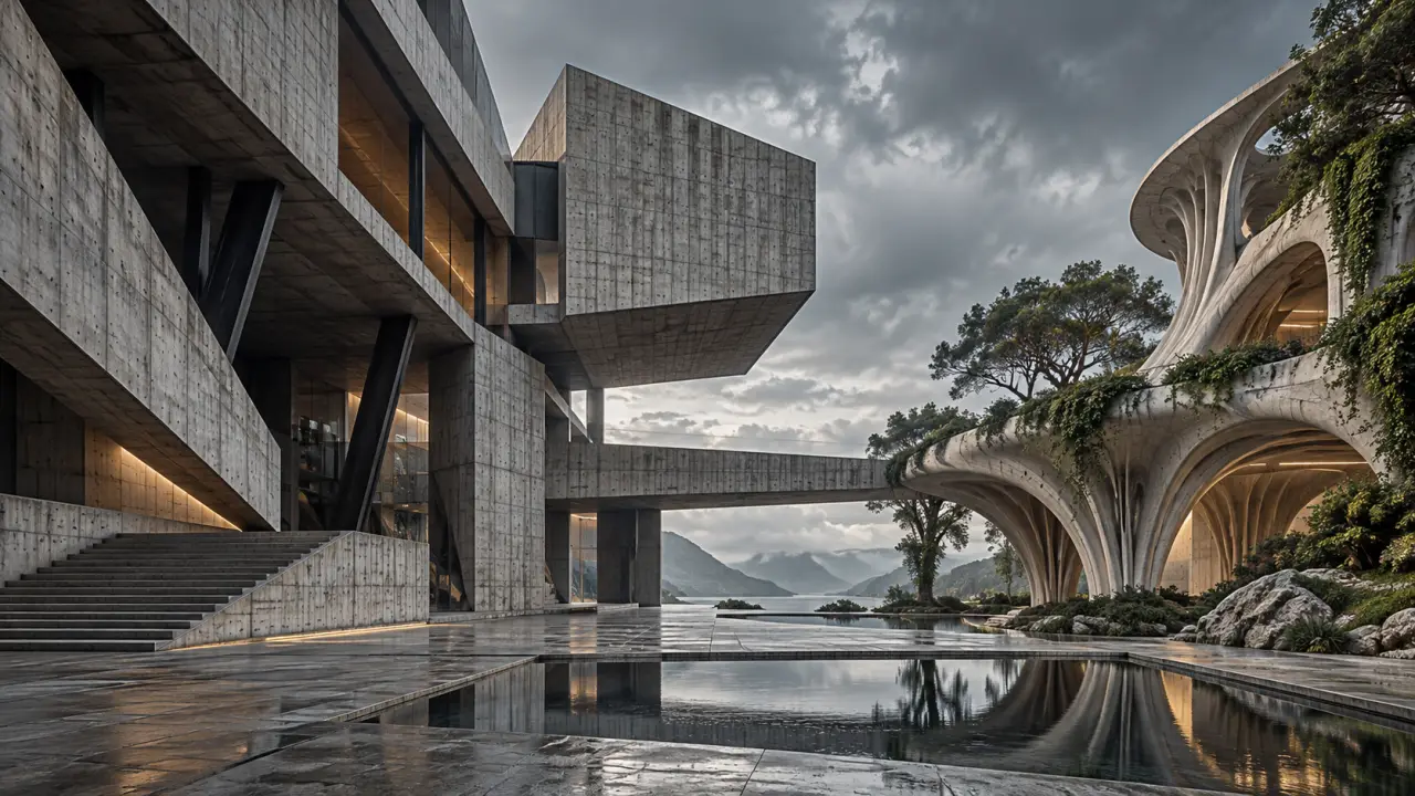 Bâtiment contemporain en béton brut, photographié en contre-plongée