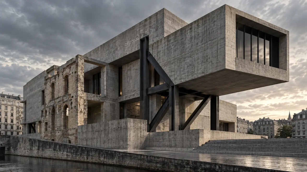 Bâtiment brutaliste en béton brut photographié en contre-plongée