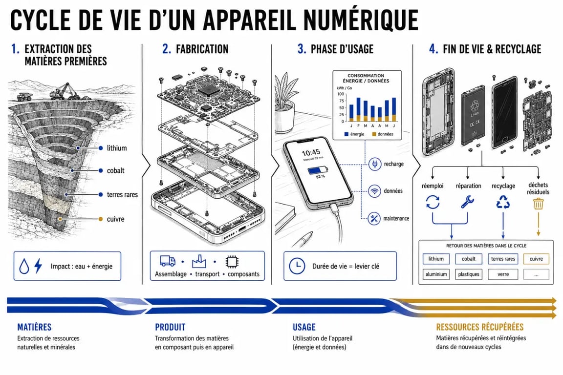 Infographie du cycle de vie d'une technologie durable : de l'extraction des ressources au recyclage.