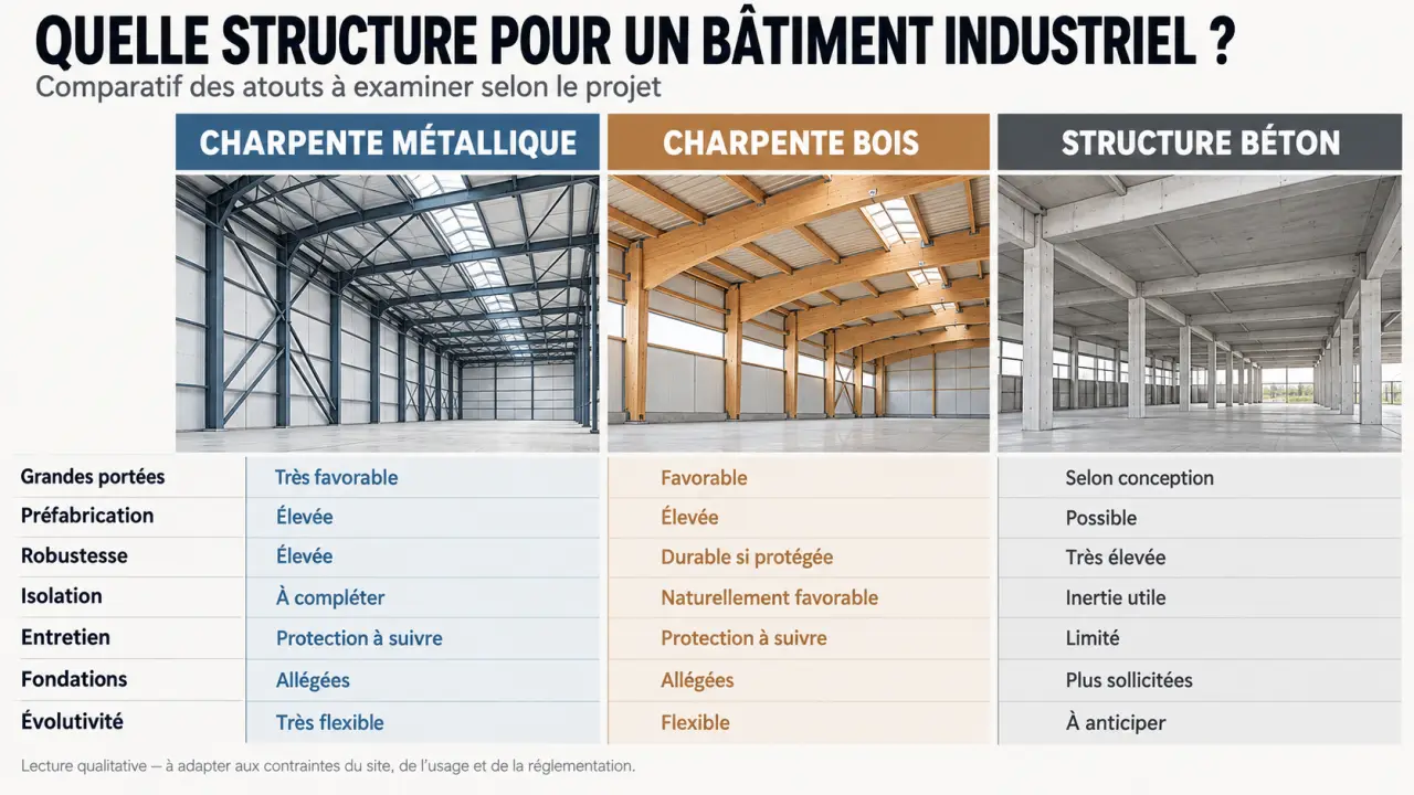 Infographie comparative des solutions de bâtiment industriel en acier, bois et béton