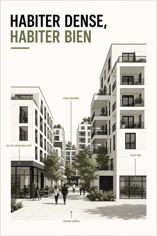 Ville et habitat : quartier urbain dense mais confortable avec végétal, lumière et espaces partagés