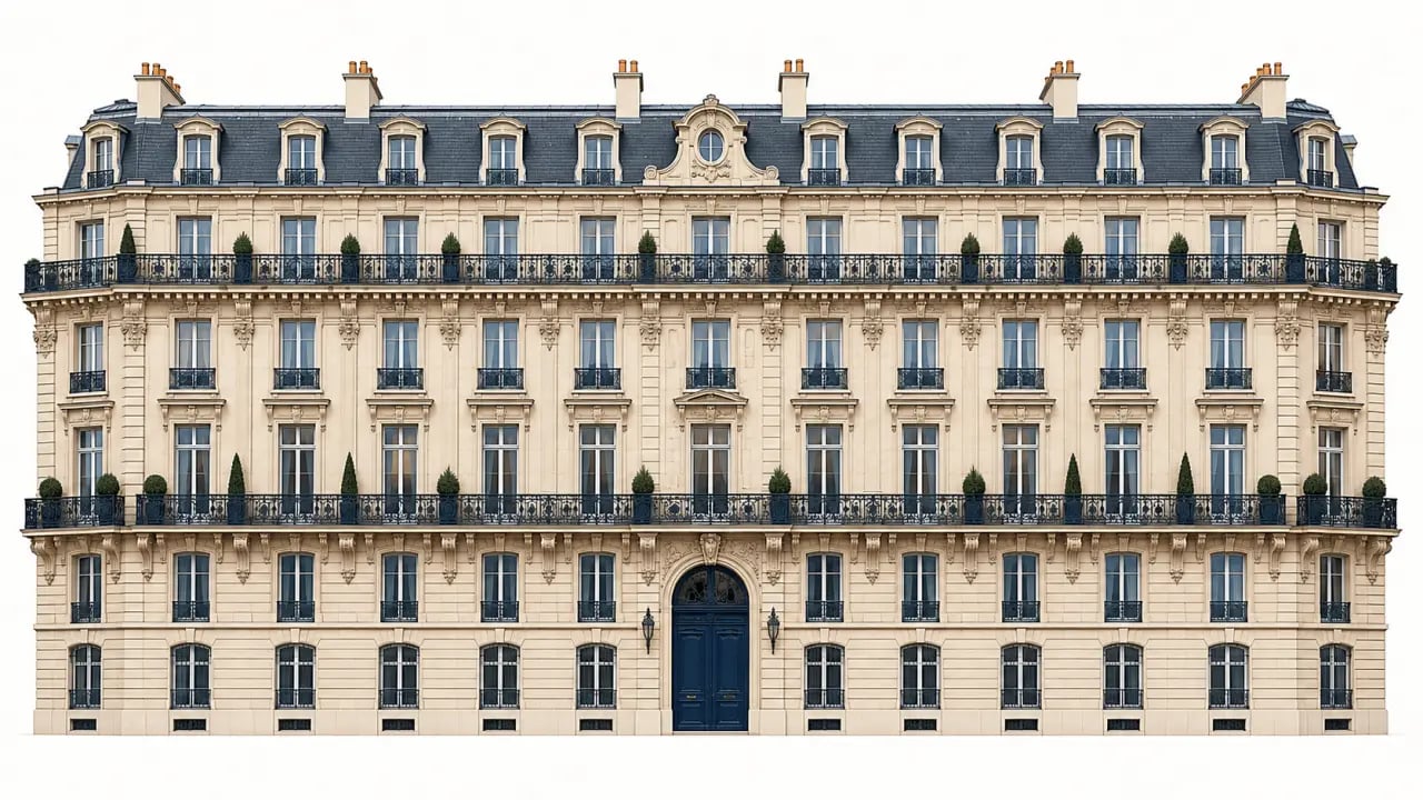 Illustration éditoriale d'un immeuble haussmannien montrant sa façade en pierre, ses balcons et ses six niveaux