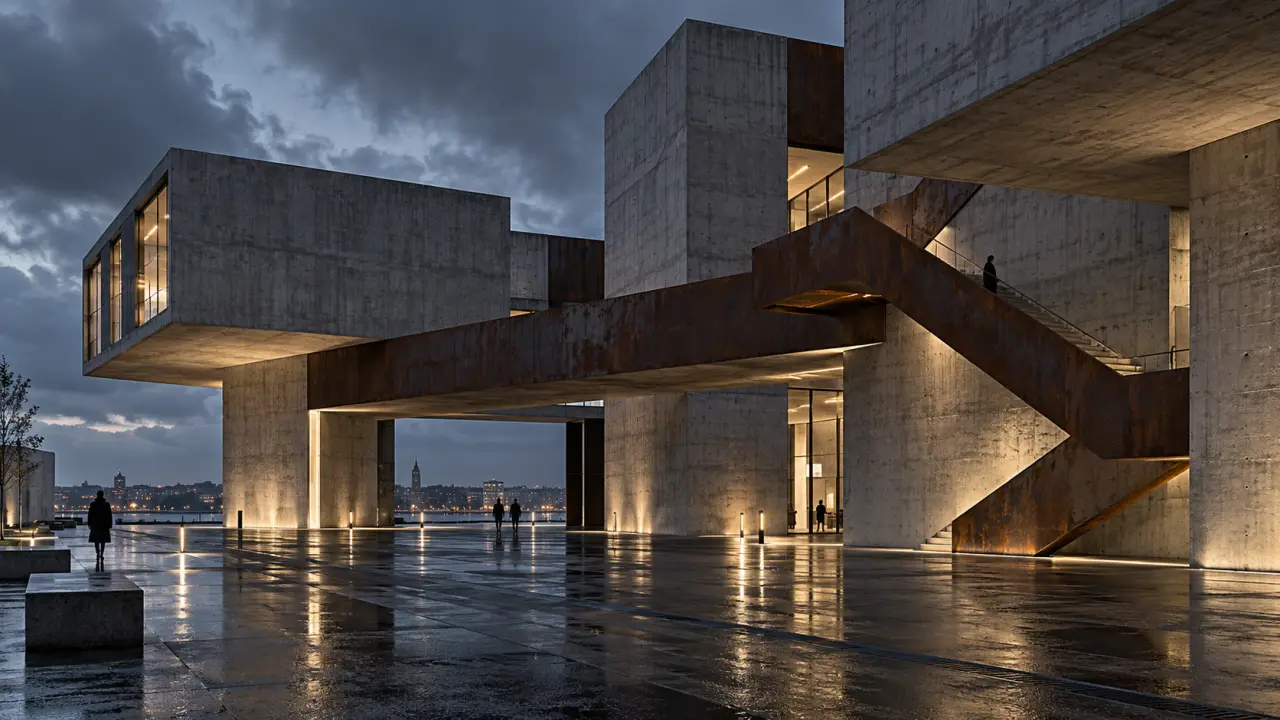Architecture néo-brutaliste en béton et acier éclairée par une lumière contrastée