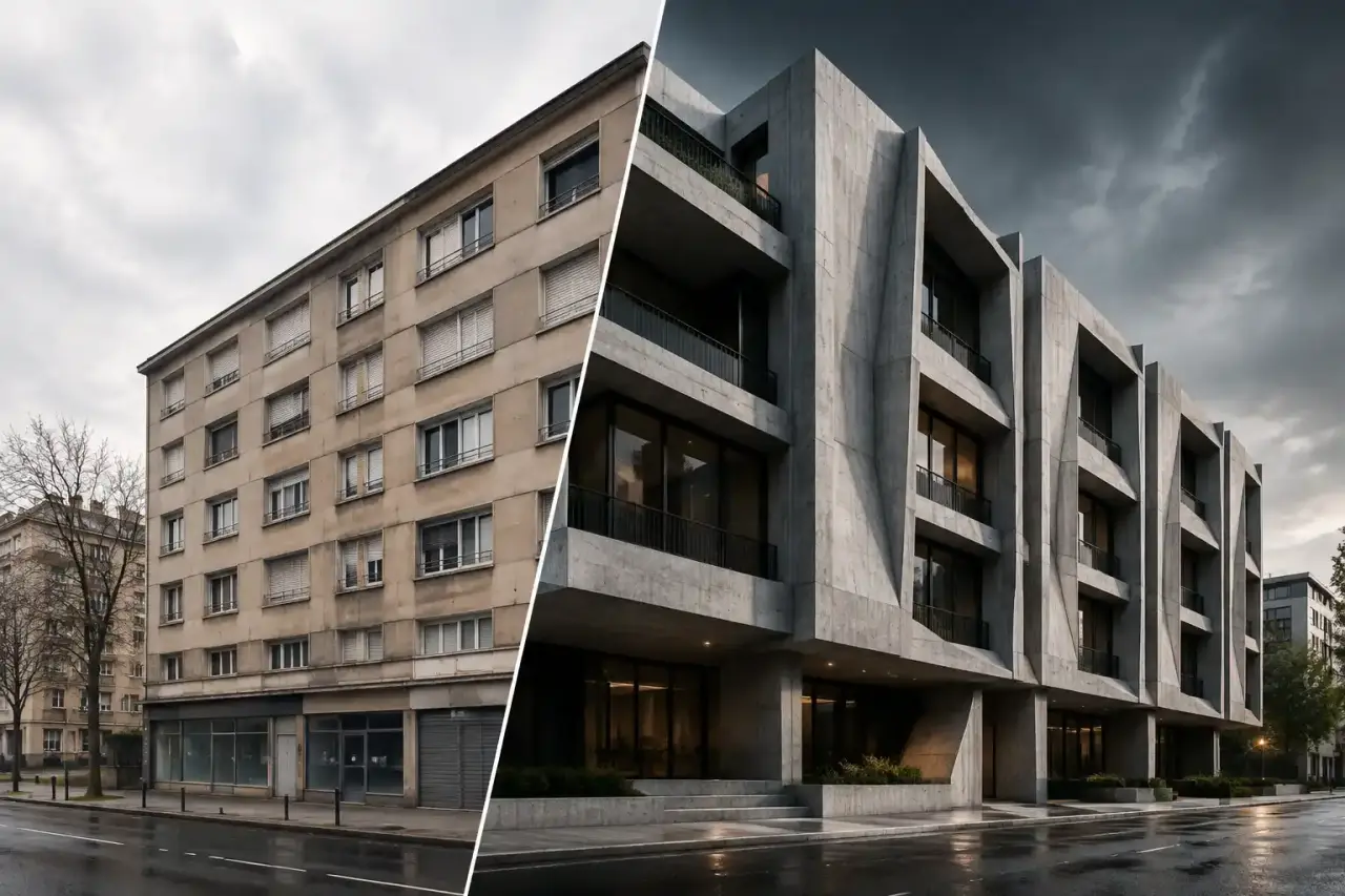 Transformation d’une façade datée en architecture brutaliste contemporaine