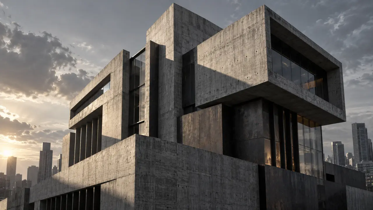 Bâtiment en béton brut observé en contre-plongée, dans une esthétique néo-brutaliste