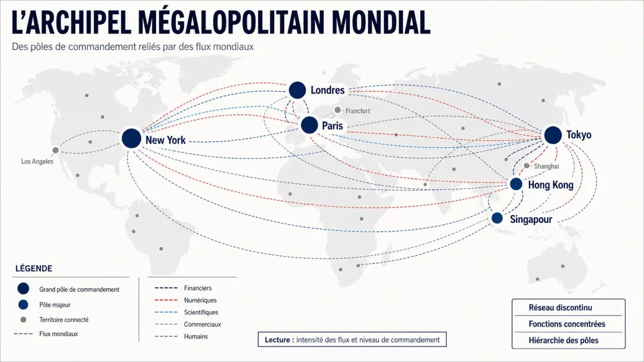 Infographie de l’archipel mégalopolitain mondial et des flux entre grandes métropoles