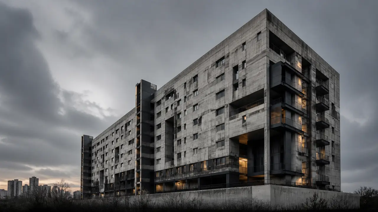 Photographie architecturale noir et blanc d’un bâtiment en béton brut, contre-plongée extrême, formes géométriques jaune néon