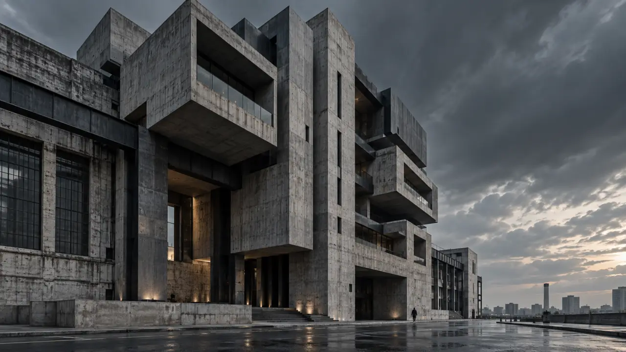 Façade néo-brutaliste en béton brut composée de motifs fractals et de fenêtres asymétriques