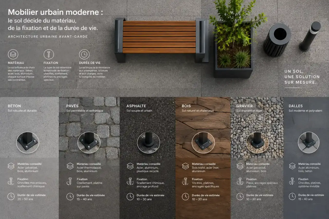 Mobilier urbain moderne : le sol décide du matériau, de la fixation et de la durée de vie