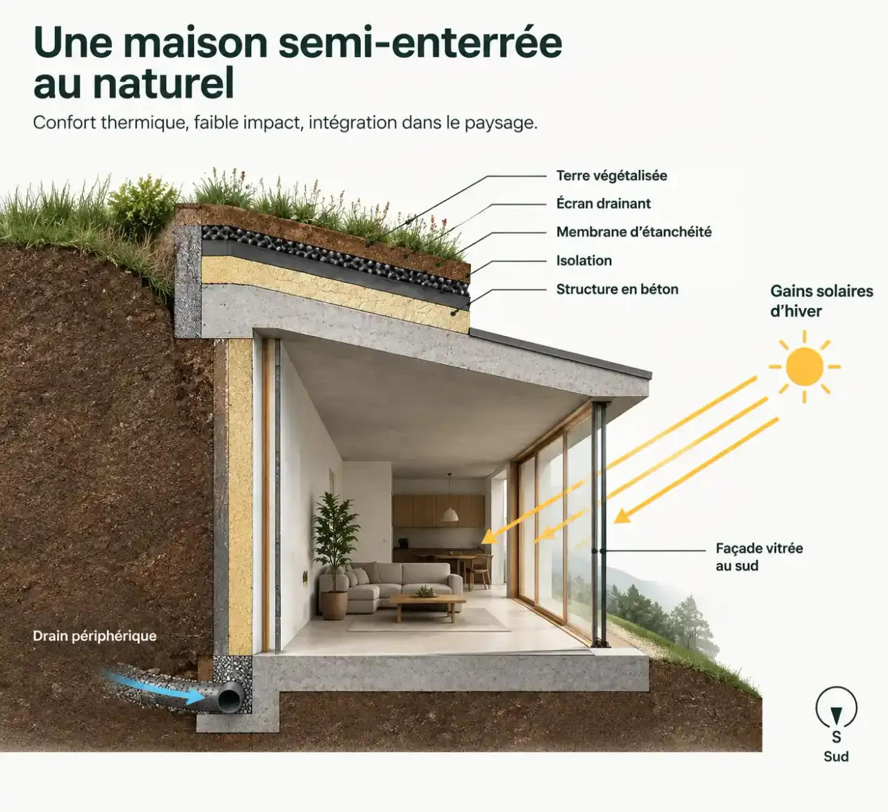 Schéma en coupe d'une maison enterrée : terre, drainage, étanchéité, isolation et structure