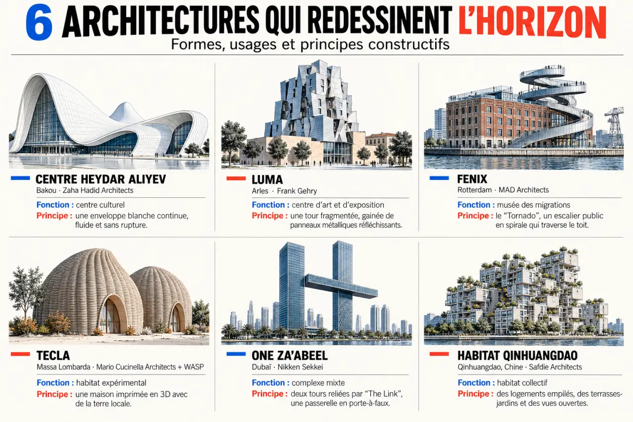 Infographie comparative de six projets architecturaux à Bakou, Arles, Rotterdam, Massa Lombarda, Dubaï et Qinhuangdao