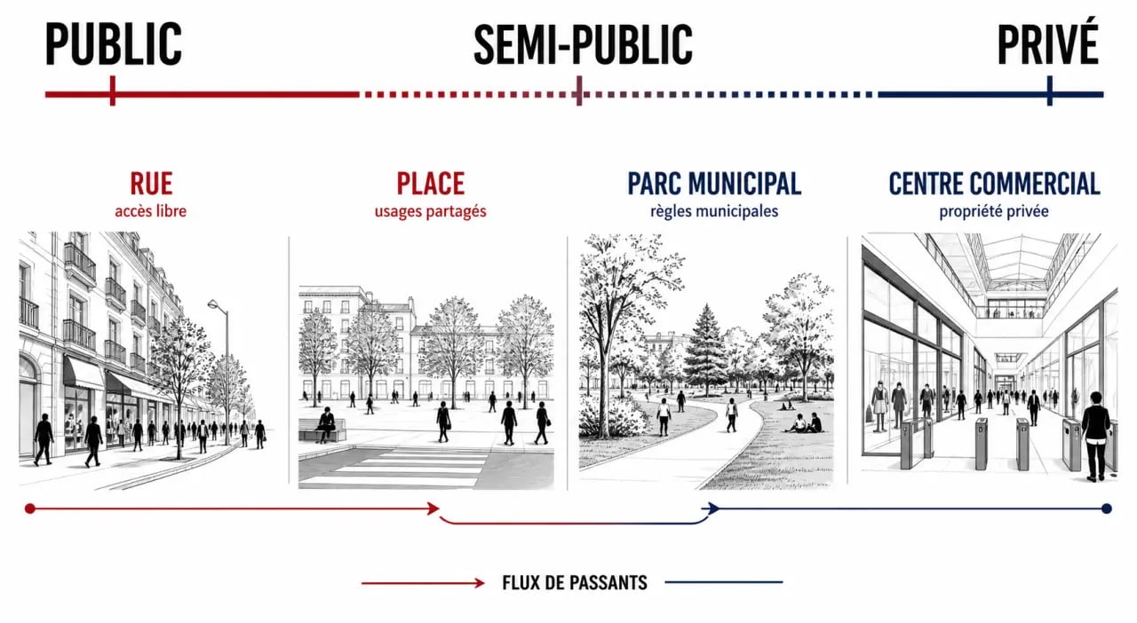 Schéma de l’espace publique montrant la différence entre rue, parc et centre commercial
