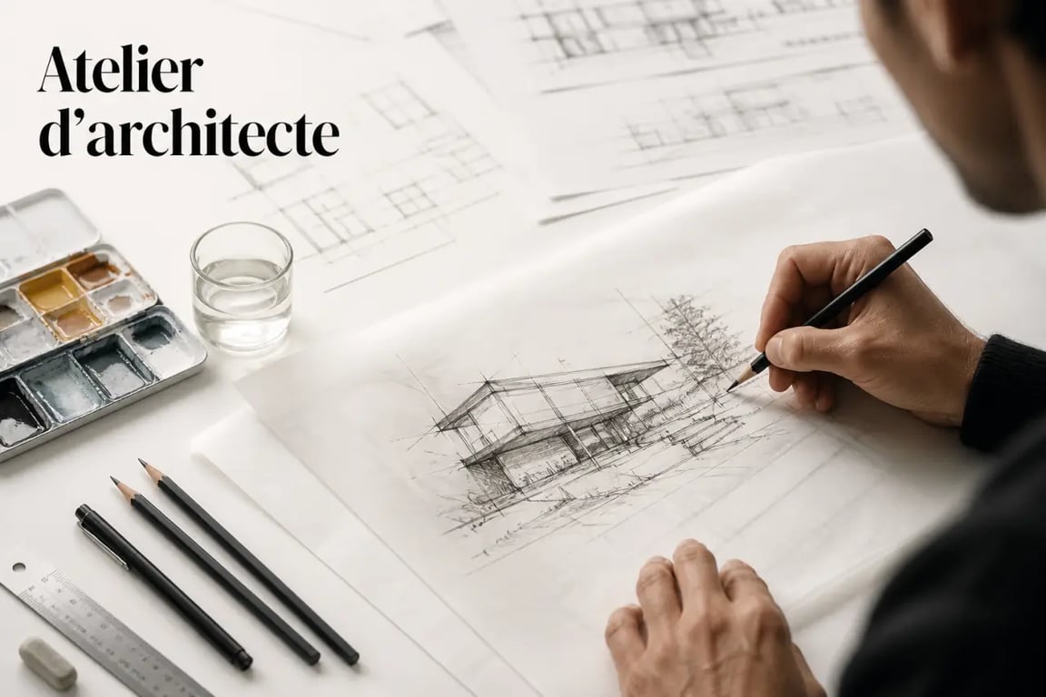 Dessin d’architecture à main levée sur une table de travail avec crayons, encre noire et aquarelle