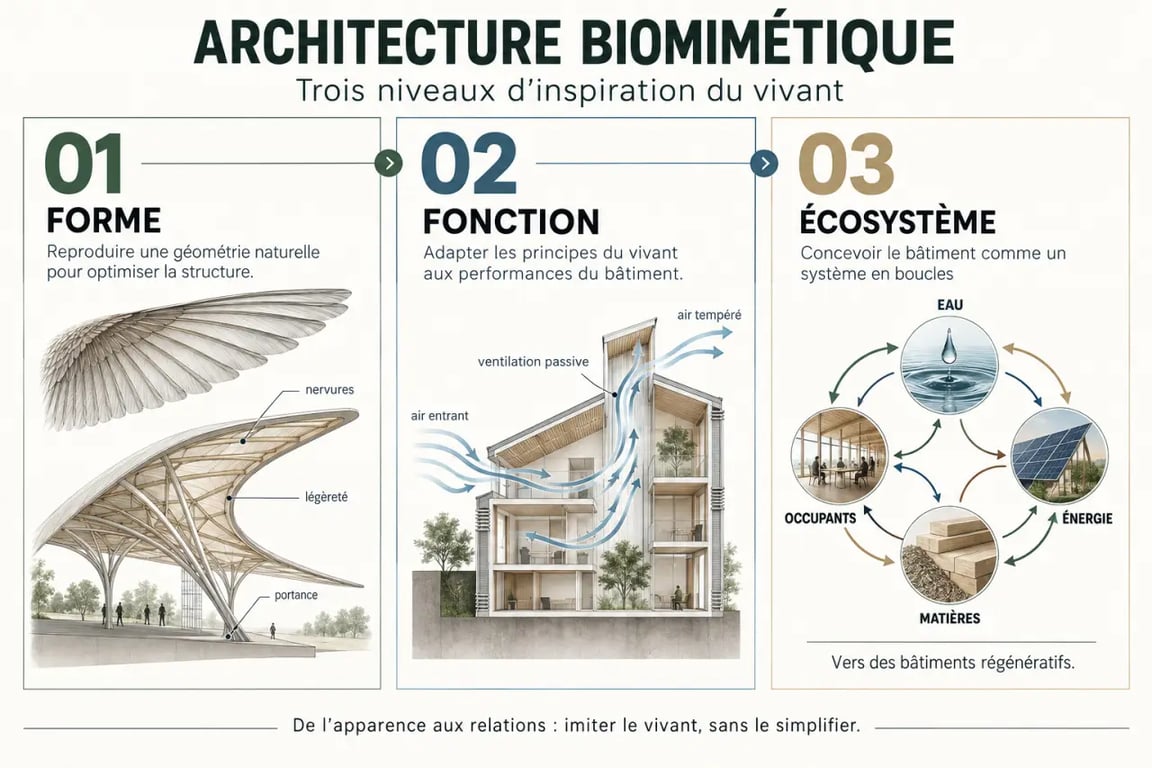 Infographie des trois niveaux de l’architecture biomimétique : forme, fonction et écosystème