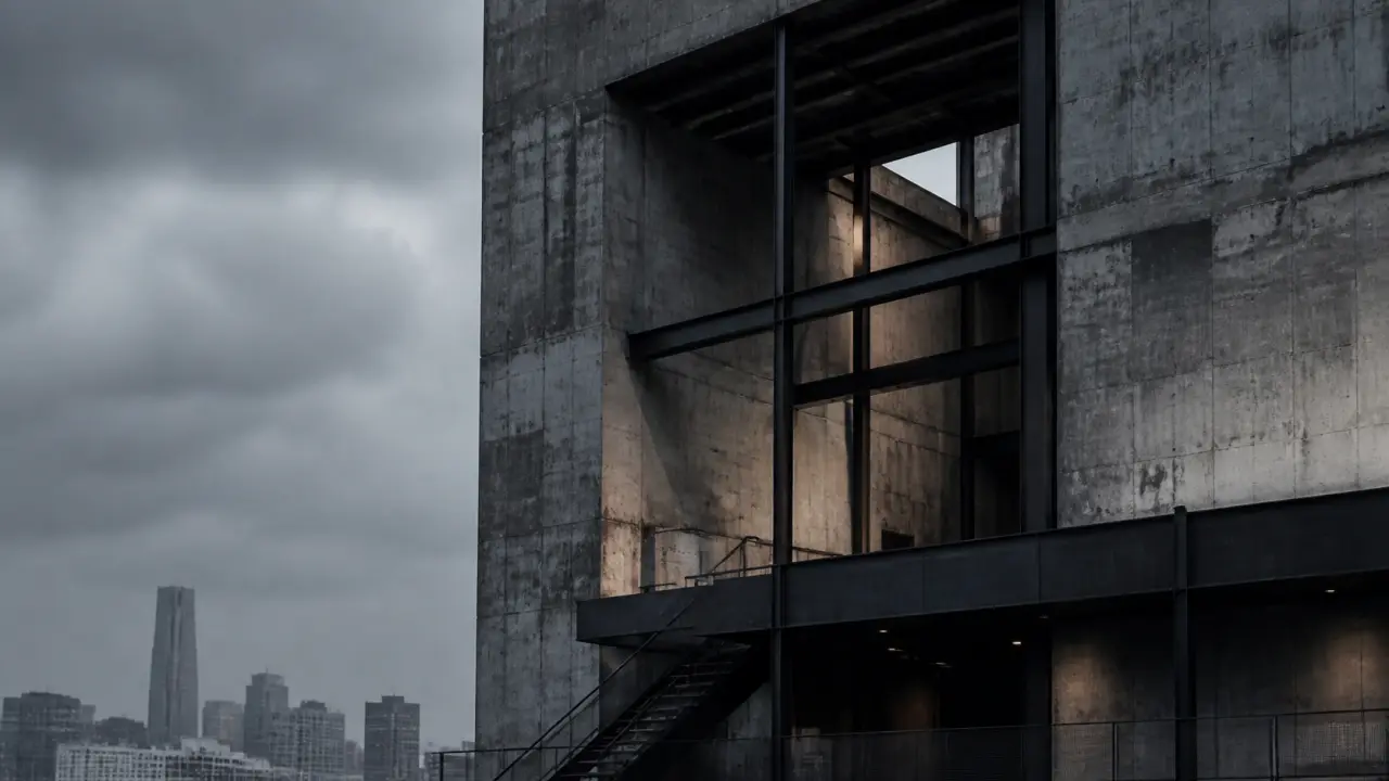 Photographie architecturale noir et blanc d'un bâtiment en béton brut, contre-plongée extrême et accents jaune néon